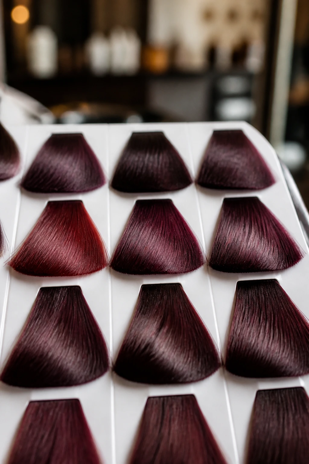 Close-up of burgundy color swatches on a color card for choosing formula