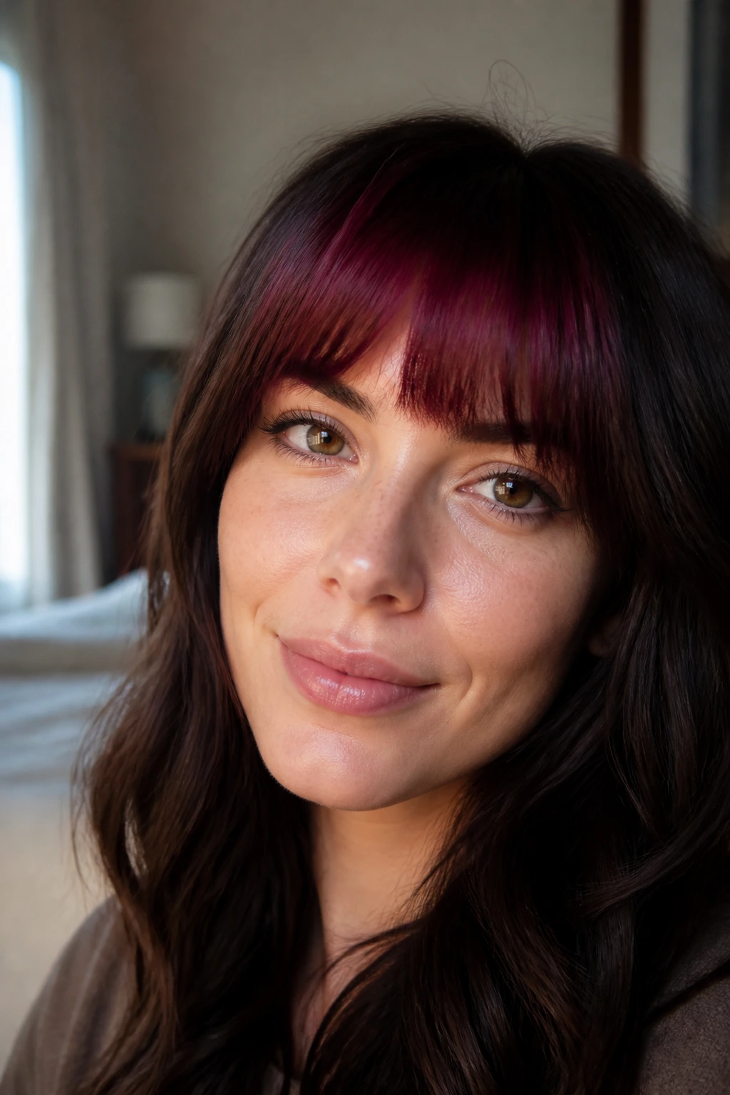 Close-up portrait of burgundy fringe bangs with deep wine shade on a real person