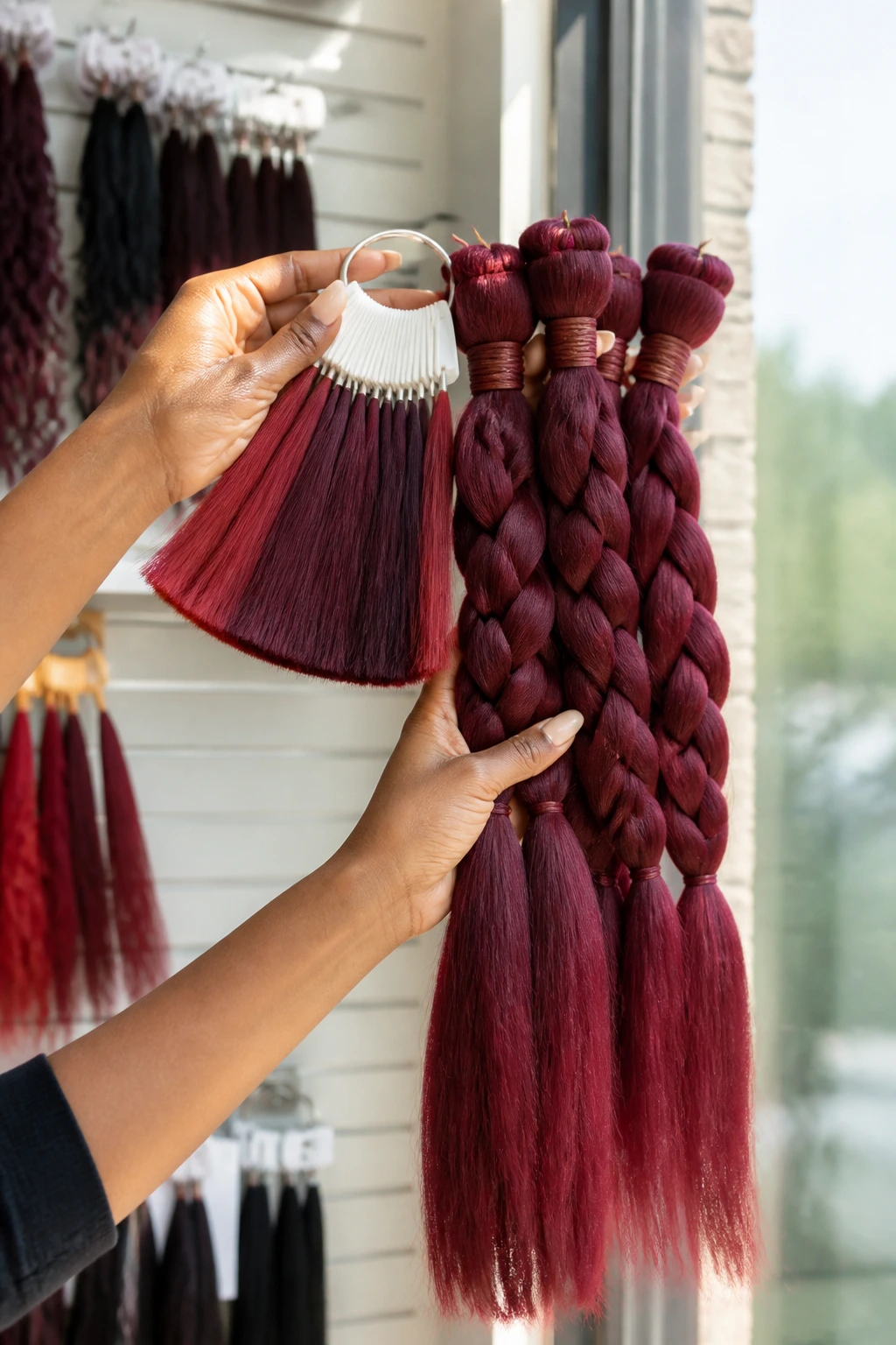 Burgundy hair bundles and color swatches tested near daylight