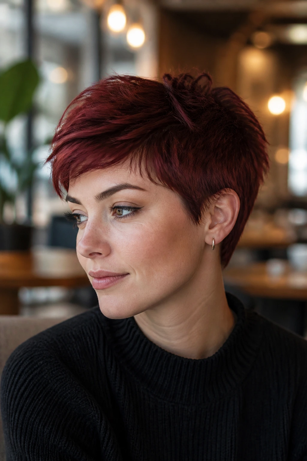 Close-up portrait of a woman with burgundy piecey crop in cafe lighting
