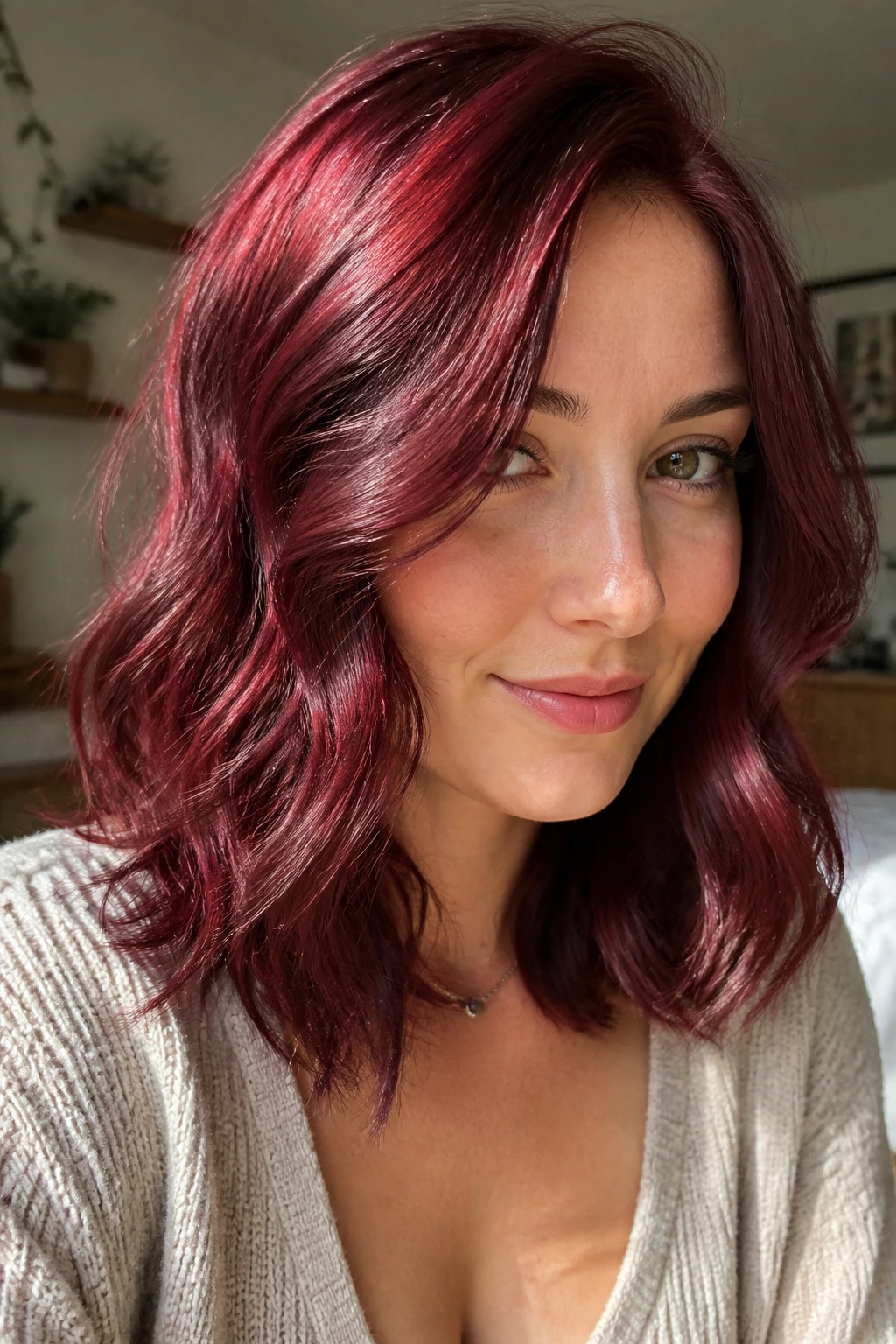 Close-up of a real person with burgundy soft waves and glossy finish
