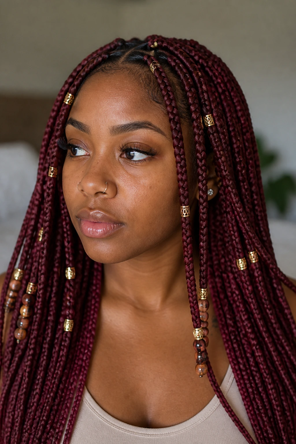 Real person wearing burgundy knotless braids with subtle gold accessories