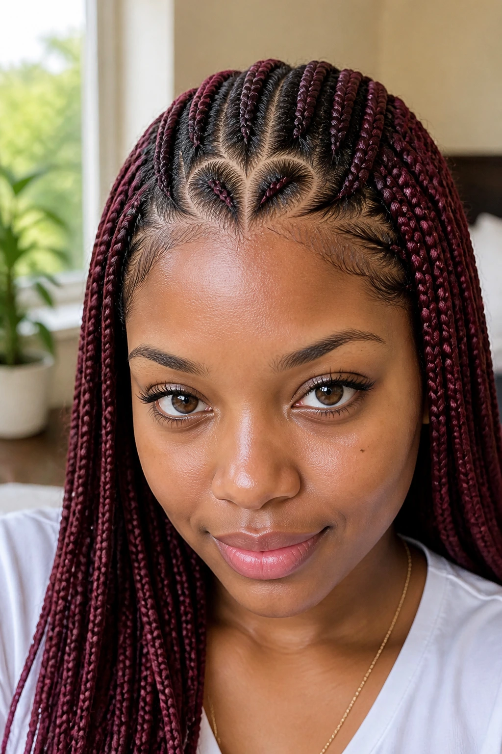 Front close portrait of burgundy knotless braids with a heart-shaped part