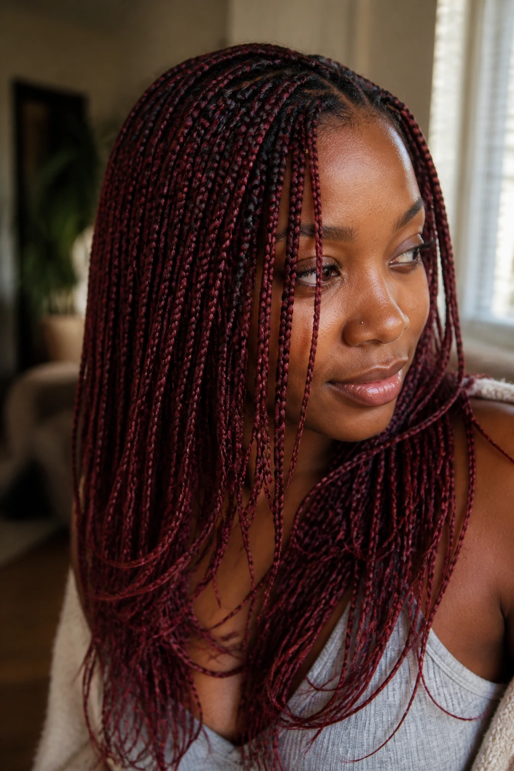 Side close-up of burgundy knotless braids with layered lengths