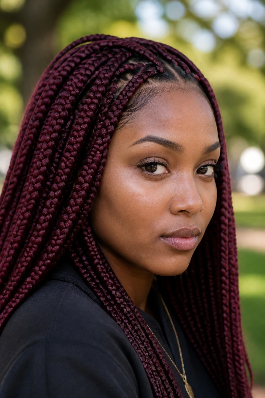 Close-up portrait of a real woman with burgundy knotless braids outdoors, natural light