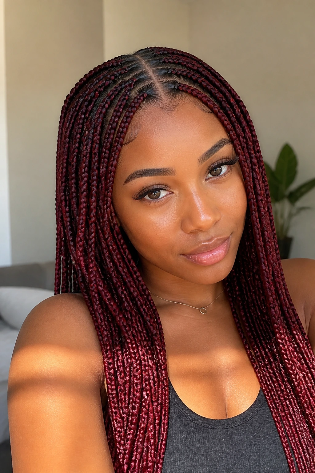 Portrait of a real person wearing burgundy knotless braids with a neat middle part