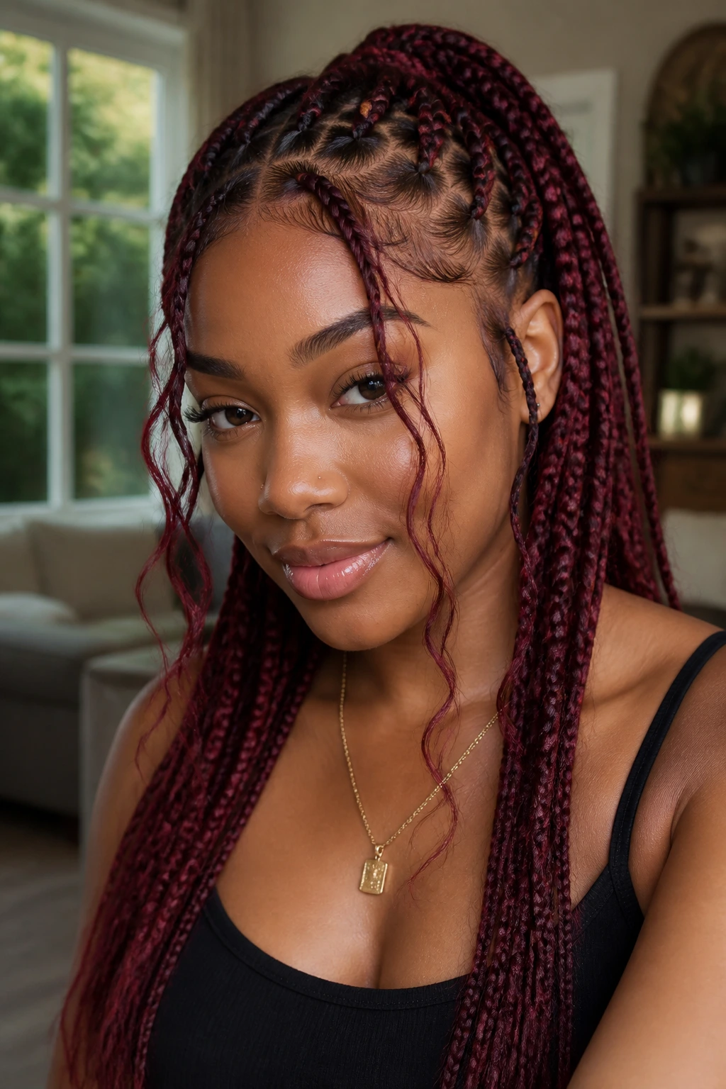 Close-up of burgundy knotless braids with loose tendrils framing the face