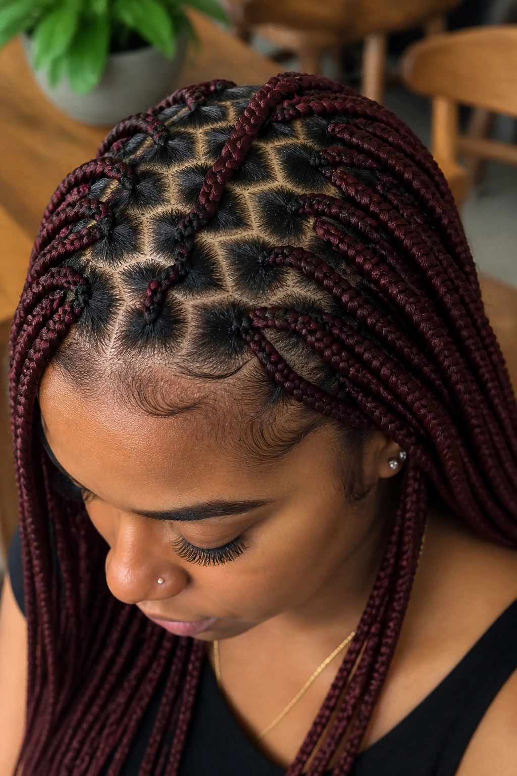 Top-front close-up showing burgundy knotless braids with a zigzag part