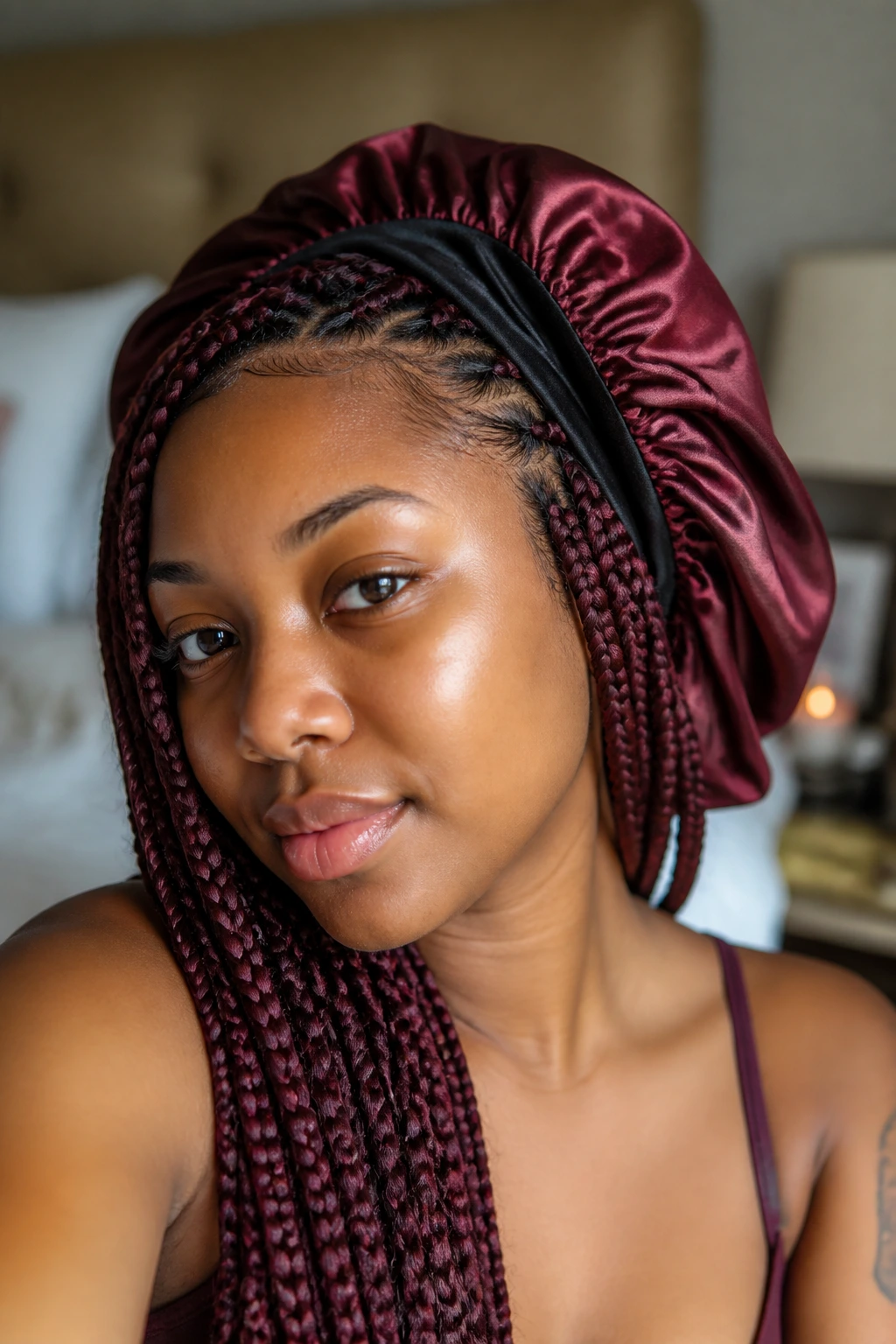 Real woman with burgundy knotless braids under a satin bonnet in a bedroom