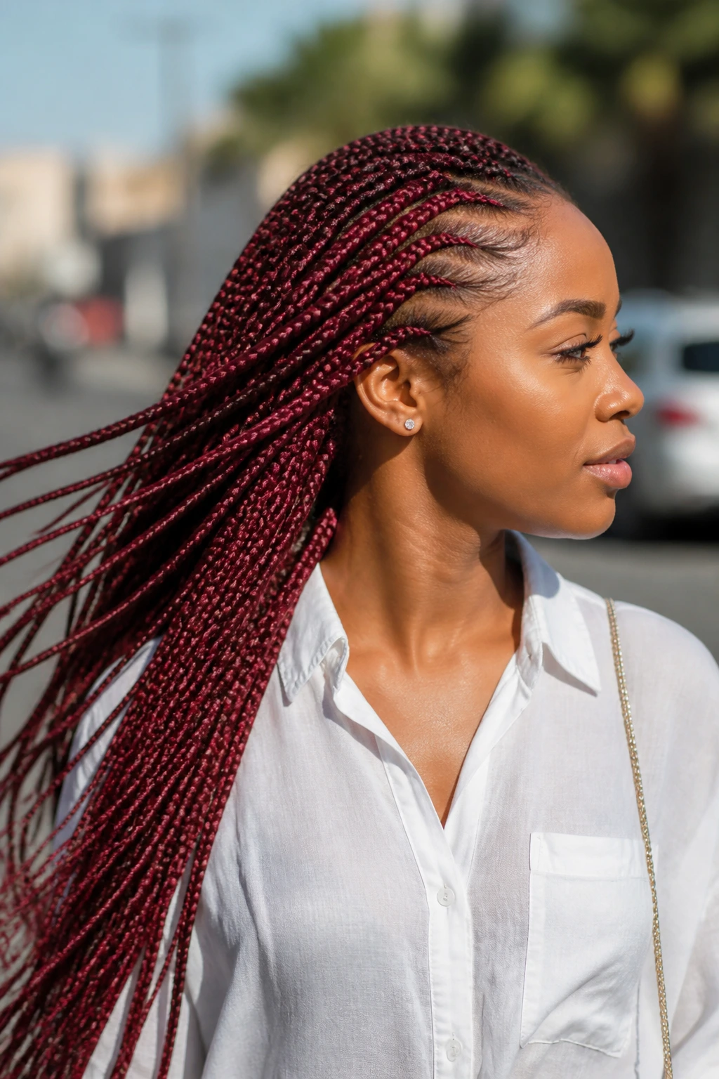 Medium close-up of burgundy lemonade braids on a real person