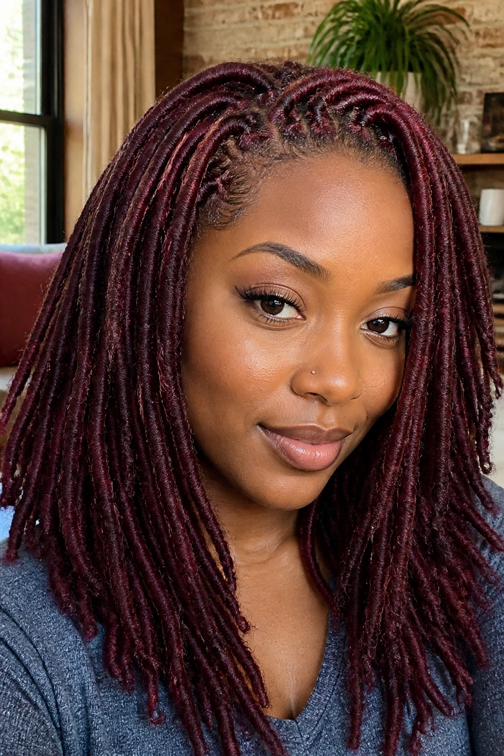 Close-up portrait of a person with burgundy locs, rich wine color and moisture highlight