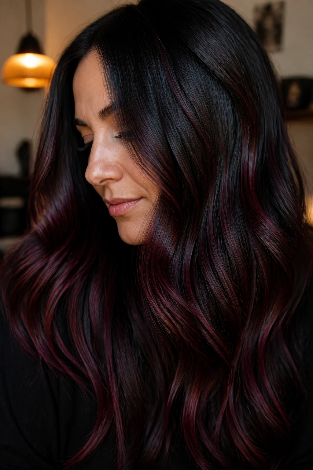 Close-up portrait of a real person with burgundy lowlights on black hair