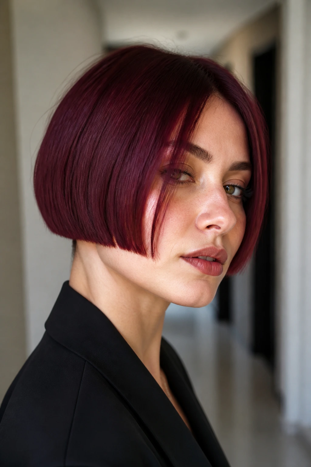 Close-up portrait of a woman with burgundy micro bob in minimalist hallway