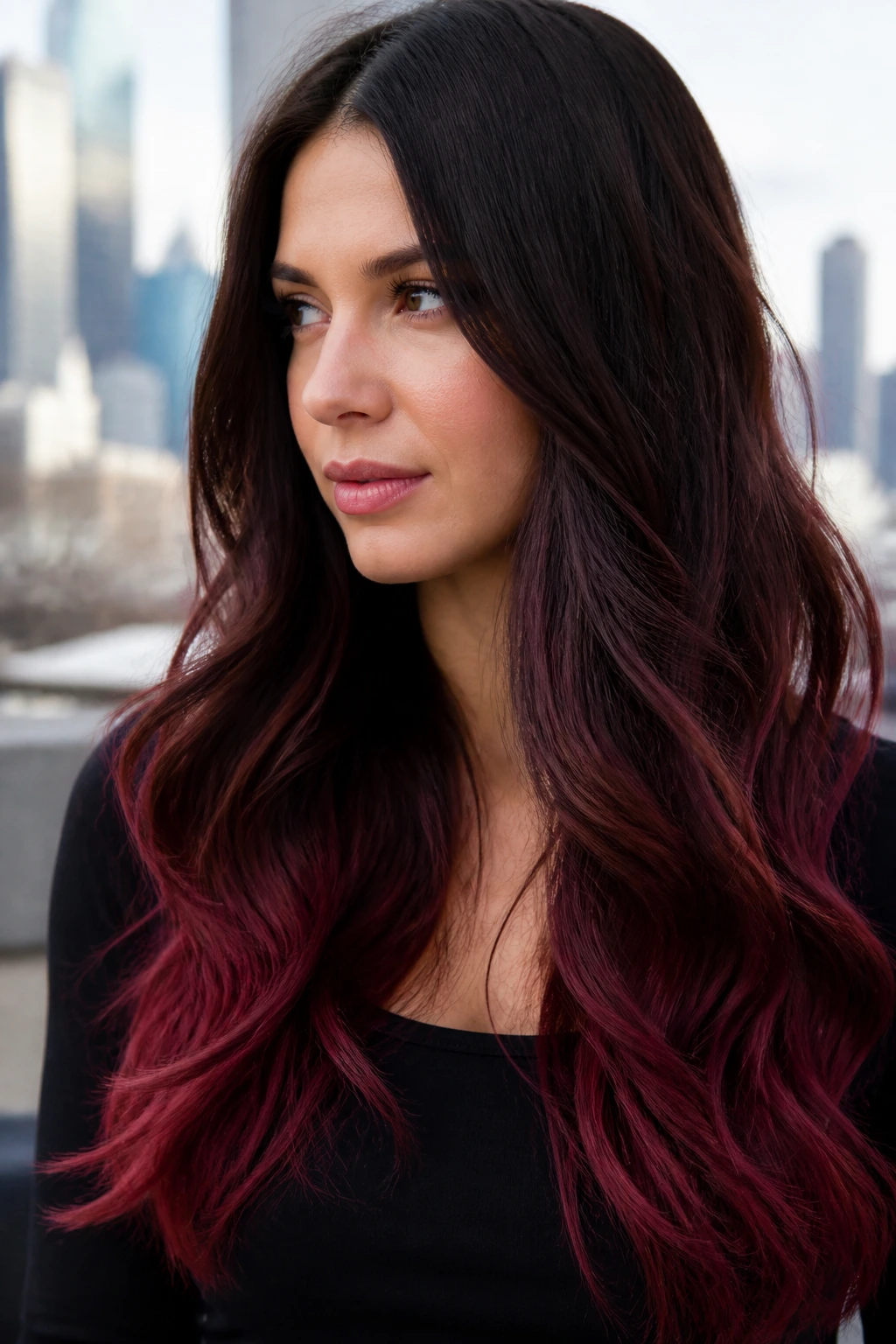 Close-up of long hair with burgundy ombré ends and dark roots in natural light