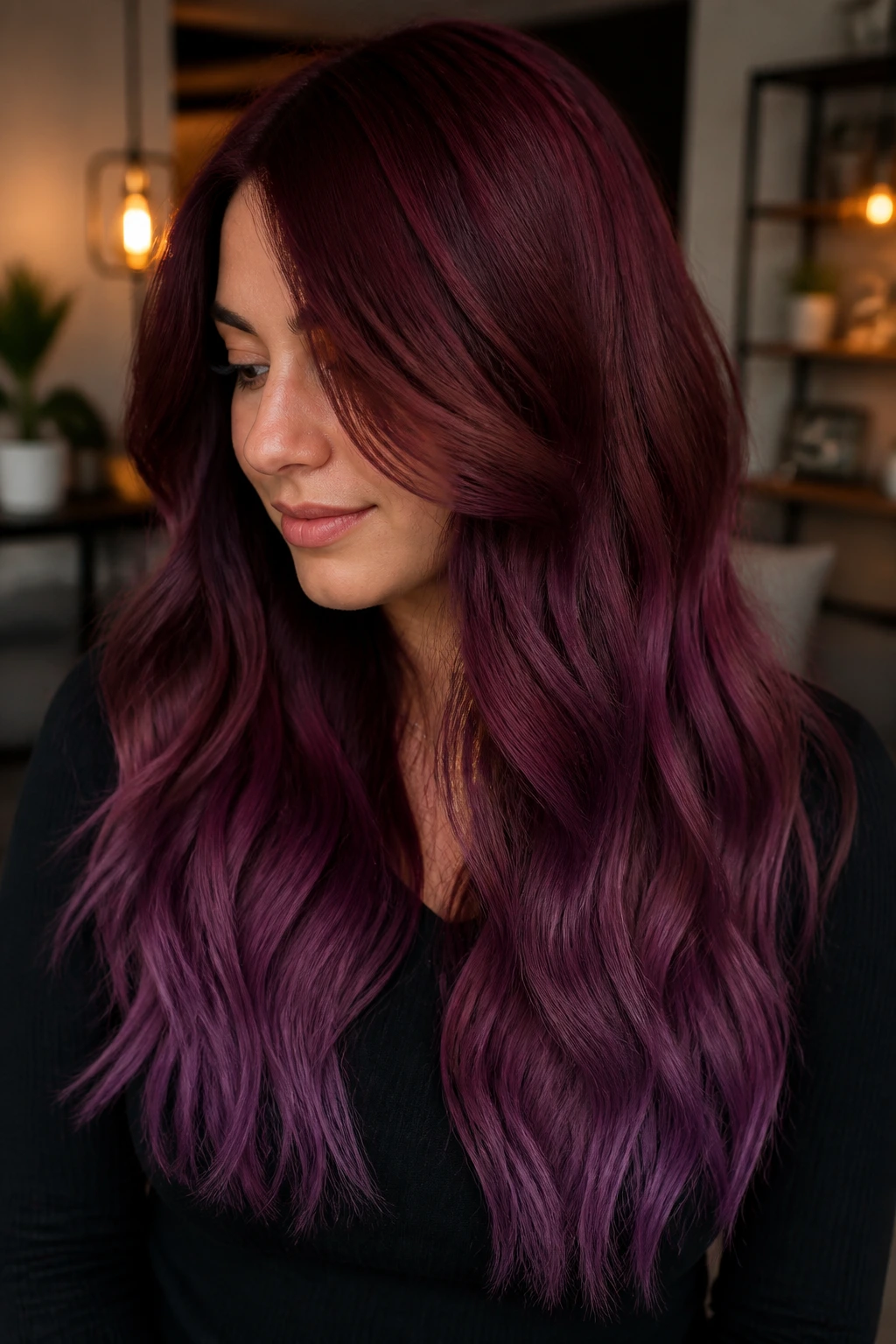 Close-up portrait of a real woman with burgundy to mulled plum ends on long hair