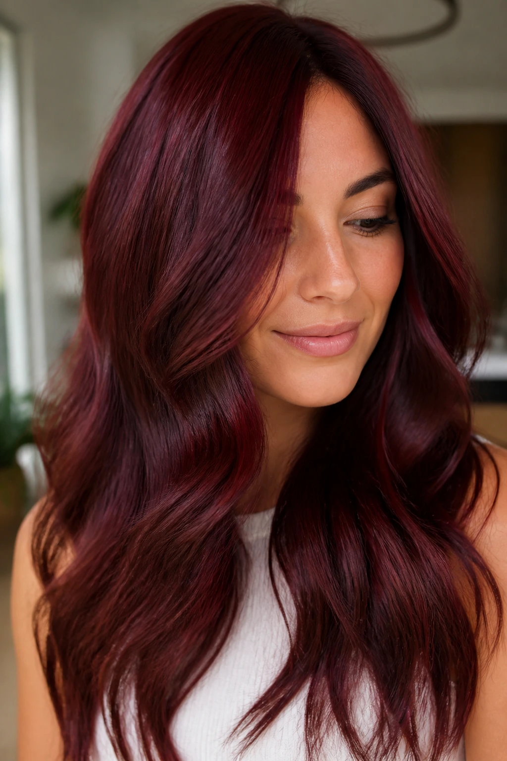 Close-up of a woman with a glossy burgundy-red shade in natural light.