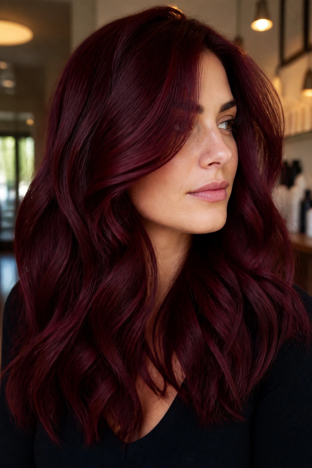 Close-up of thick burgundy-red hair on a real person in a salon