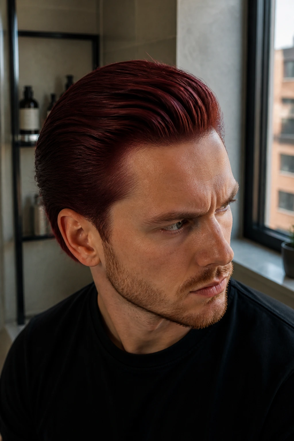 Portrait of a man with burgundy slick-back hair in a modern bathroom