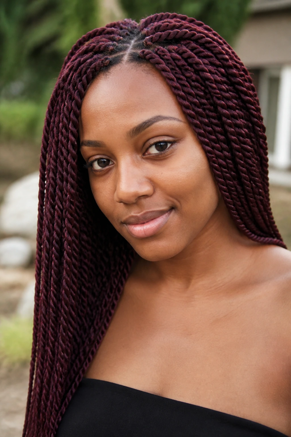 Close-up portrait of a woman with burgundy wine Senegalese twists.