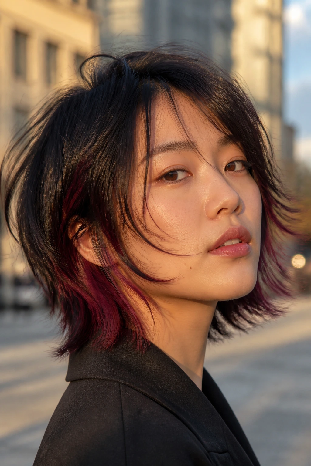 Real woman with short shag and burgundy underlayers in golden hour light