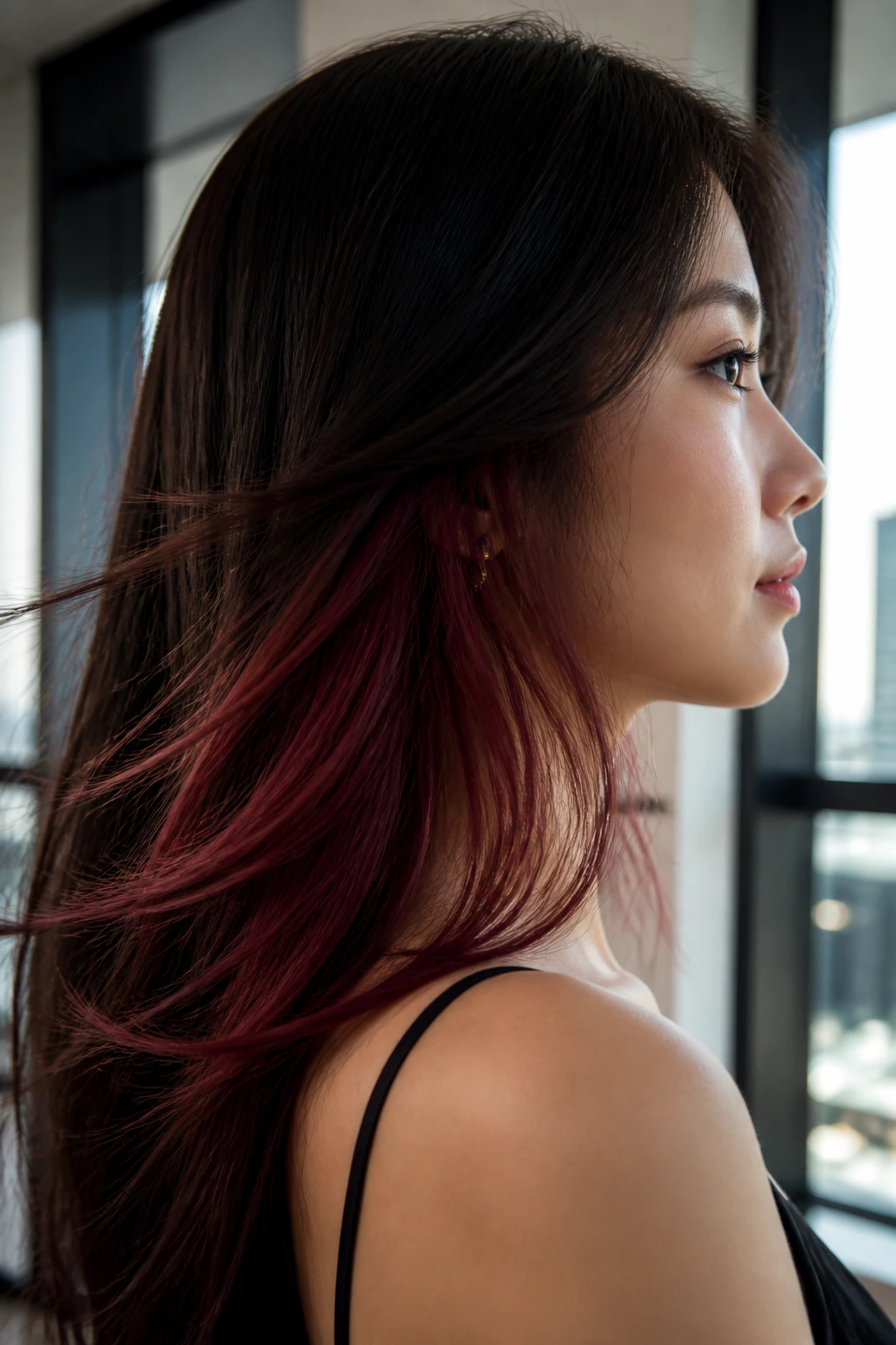 Profile view of woman showing burgundy underlights beneath dark hair