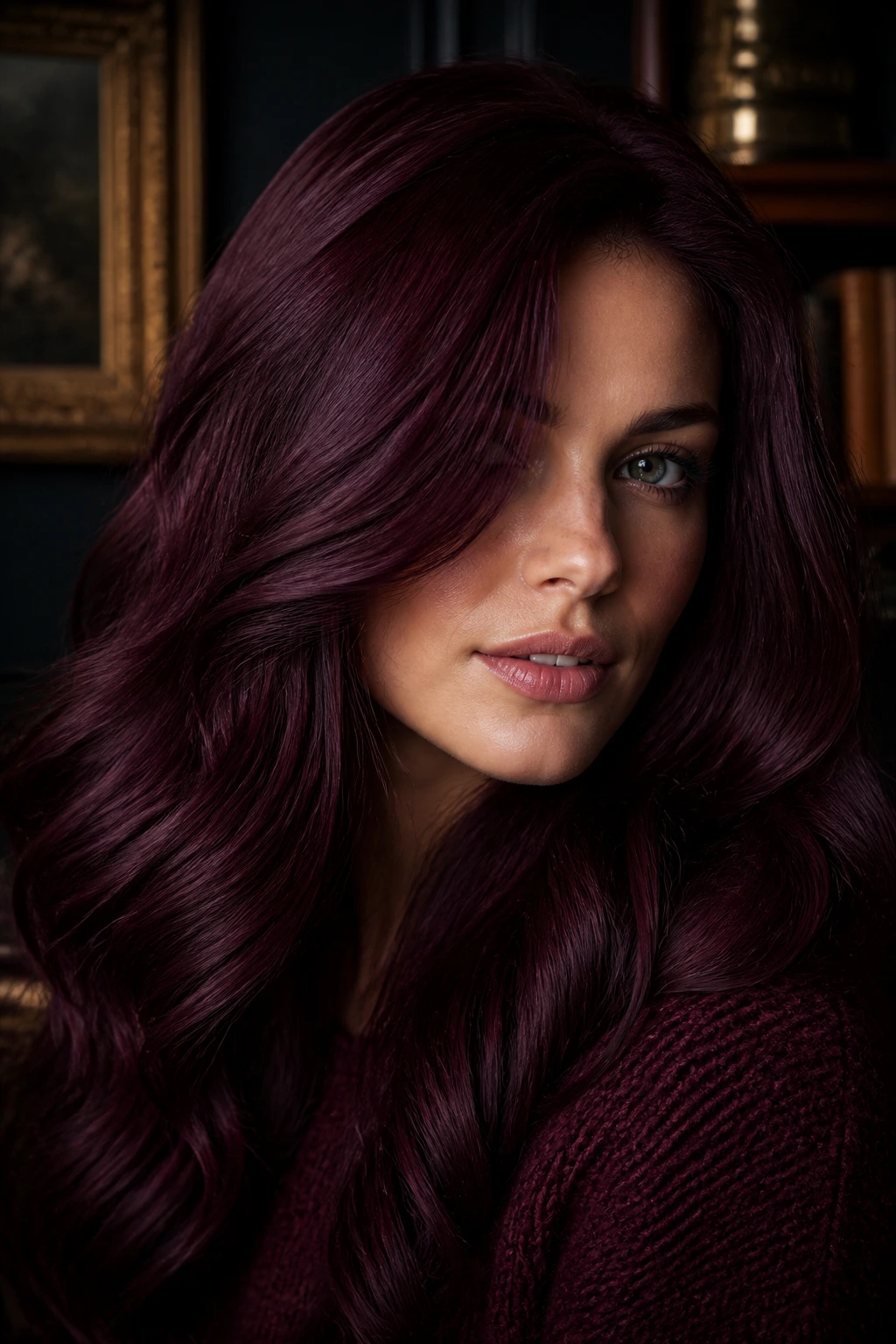 Portrait of a real woman with burgundy velvet hair in moody light.
