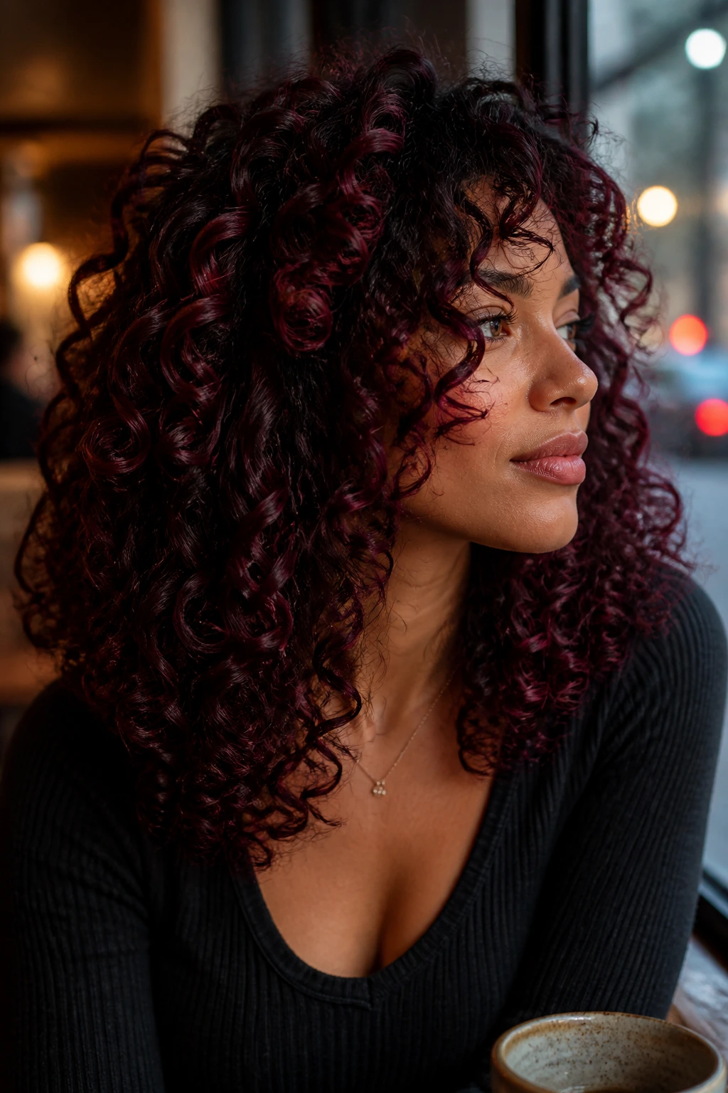 Close-up of burgundy wine balayage on curly hair
