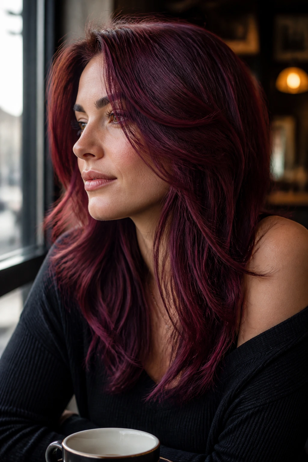 Real woman with burgundy wine hair in warm window light