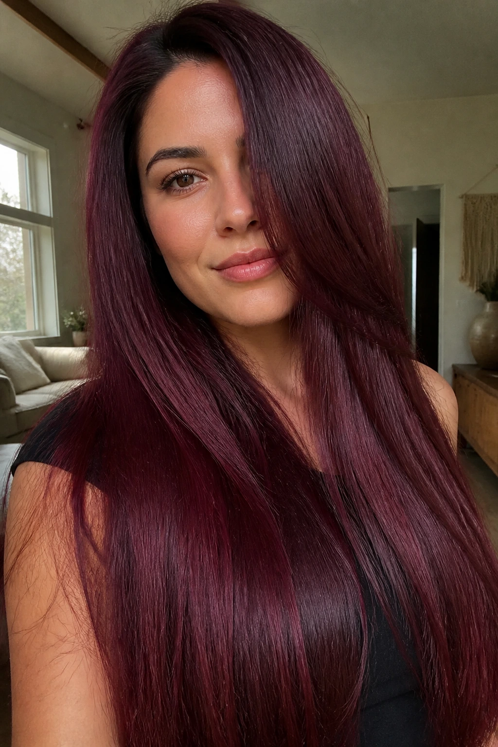 Close-up of burgundy wine color on long straight hair