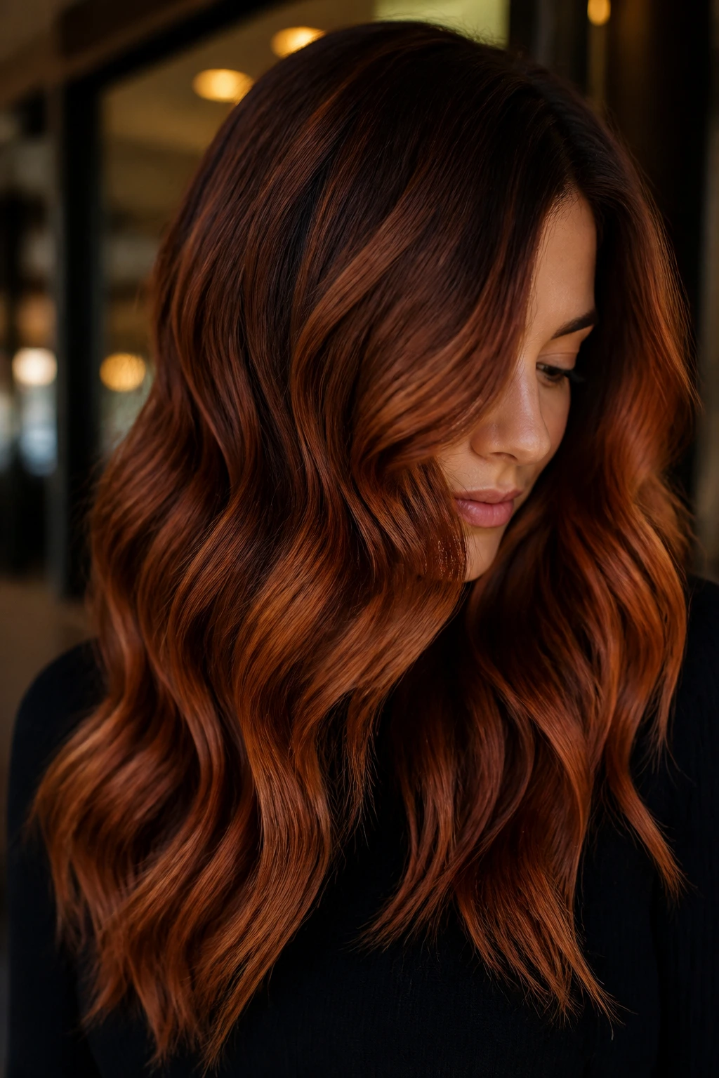 Close-up of burnished auburn melt on thick wavy hair in moody light