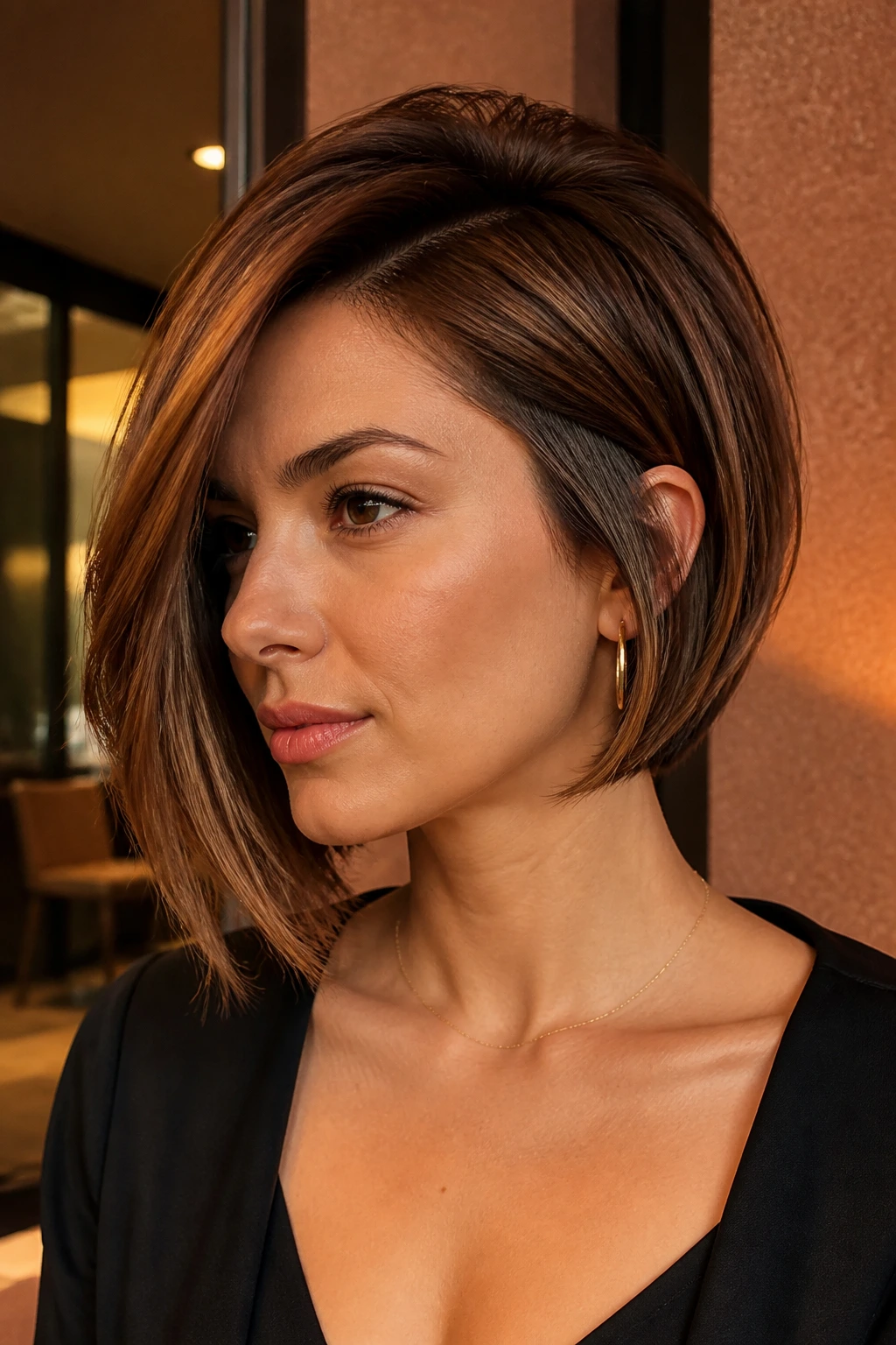 Close-up portrait of a real woman with burnished brown asymmetrical bob and glossy finish.