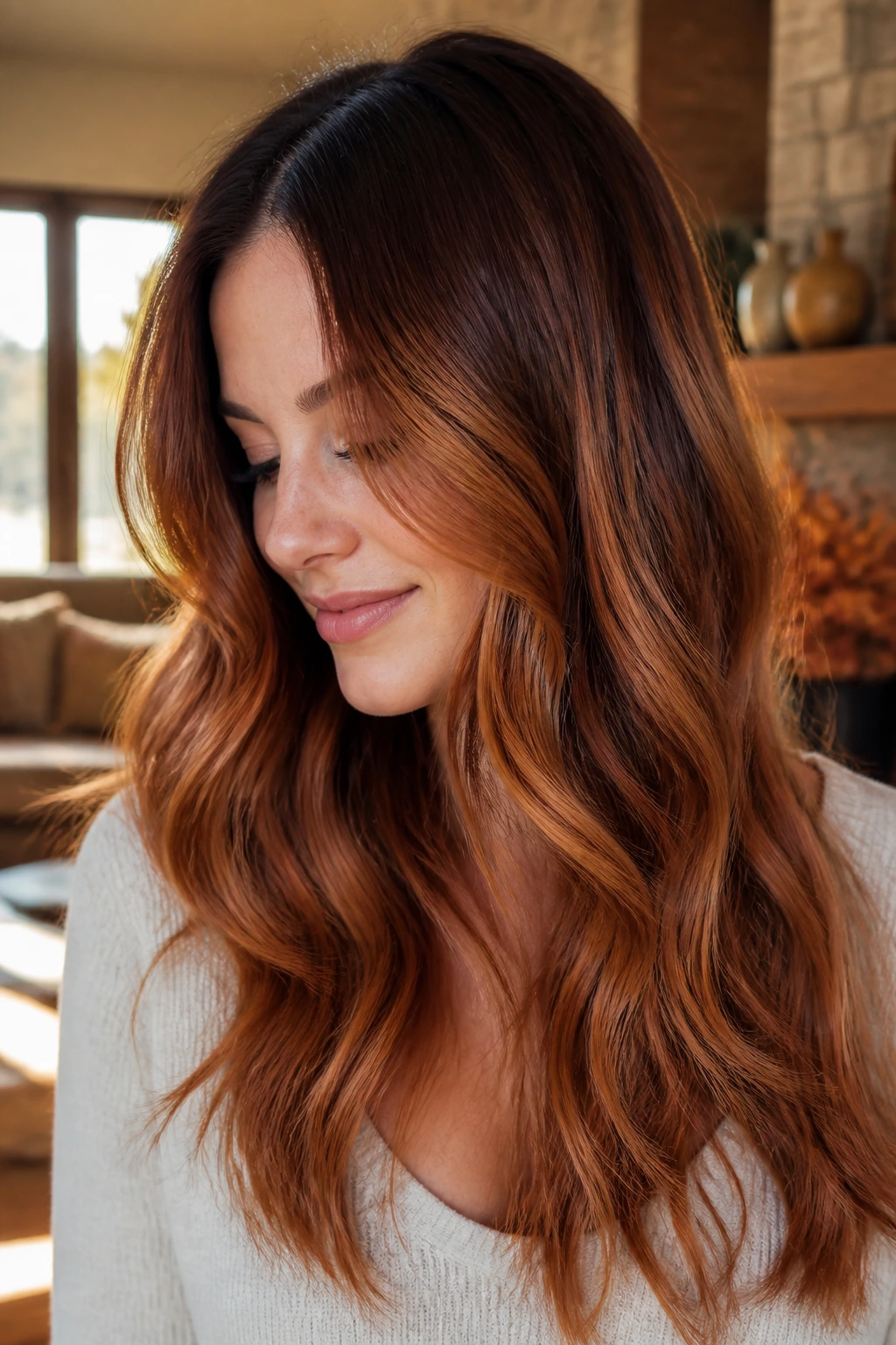 Real woman with burnished copper balayage hair close-up