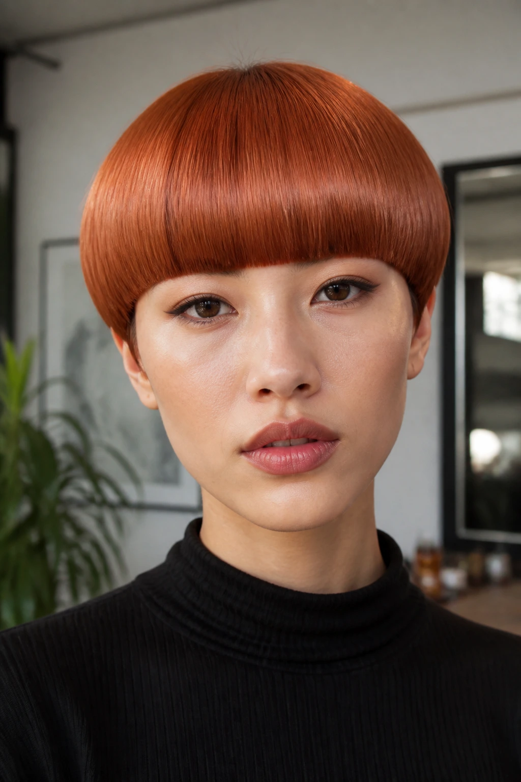 Close-up of a real person with a burnished copper bowl cut and a crisp fringe