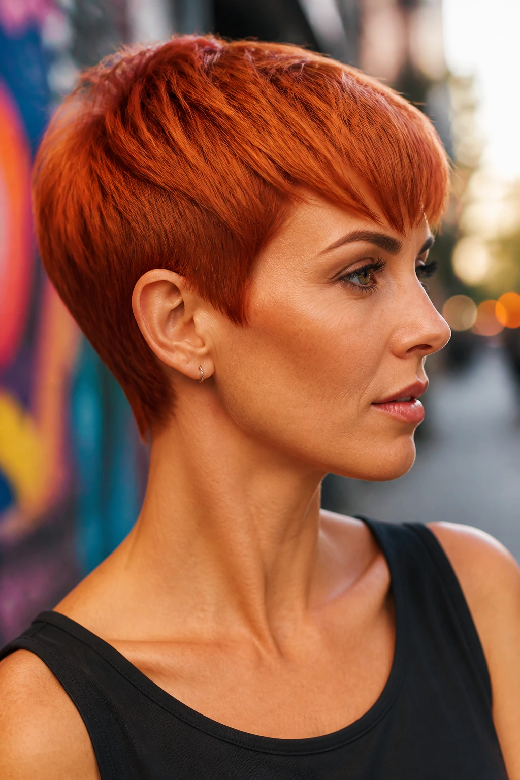 Close-up of a woman with burnished copper pixie cut