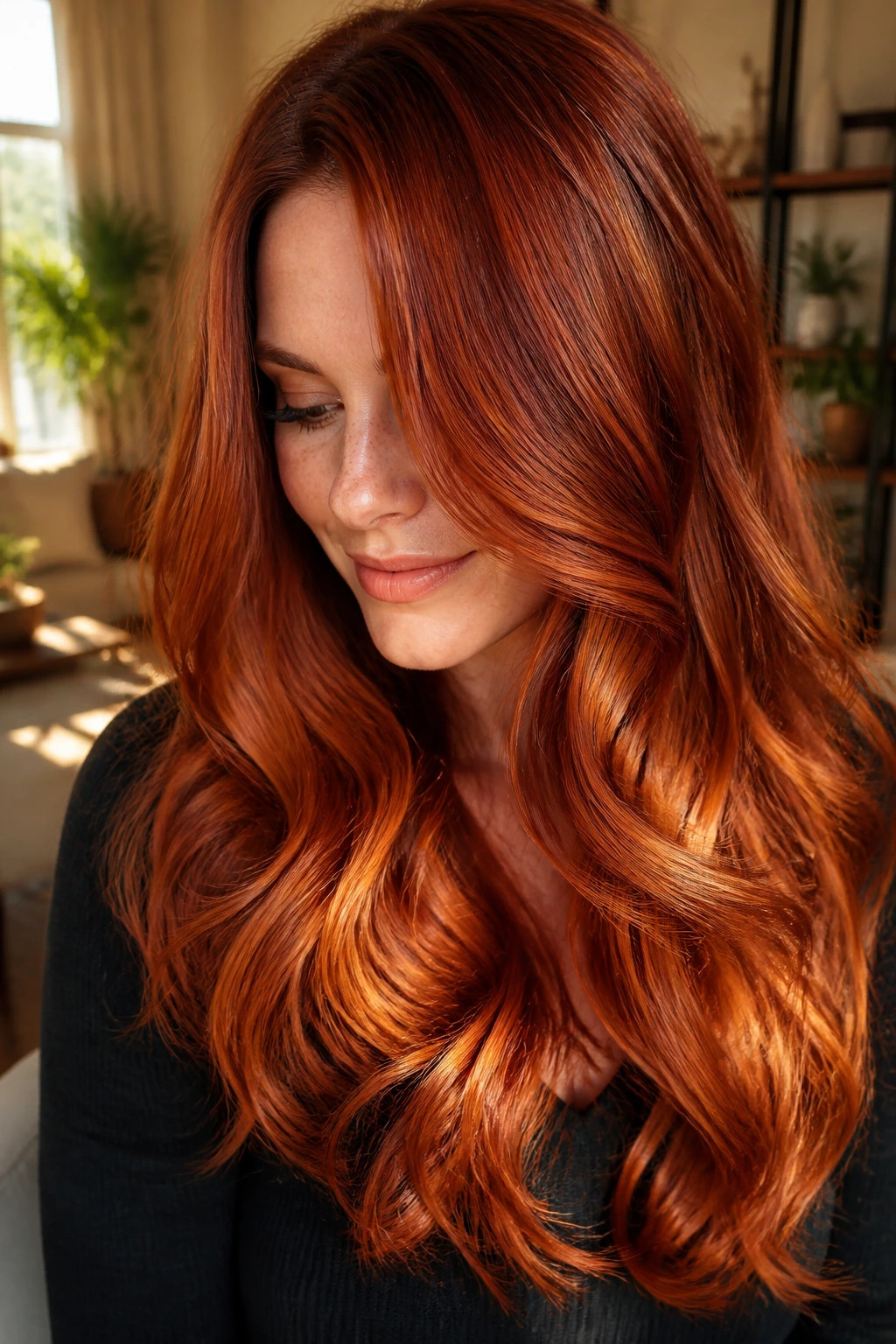 Real woman with burnished copper waves in close-up portrait
