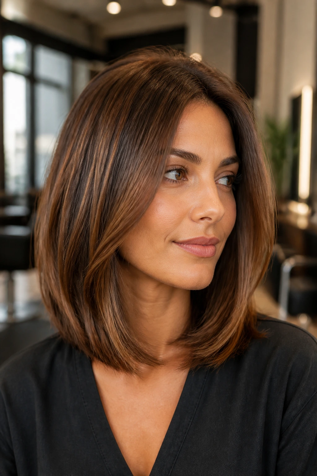 Close-up of a real woman with a burnished lob and internal layers in warm lighting