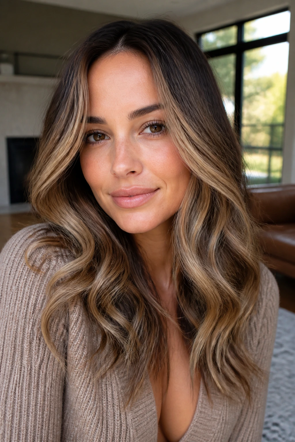 Close-up of brunette hair with burnished oat highlights in natural window light