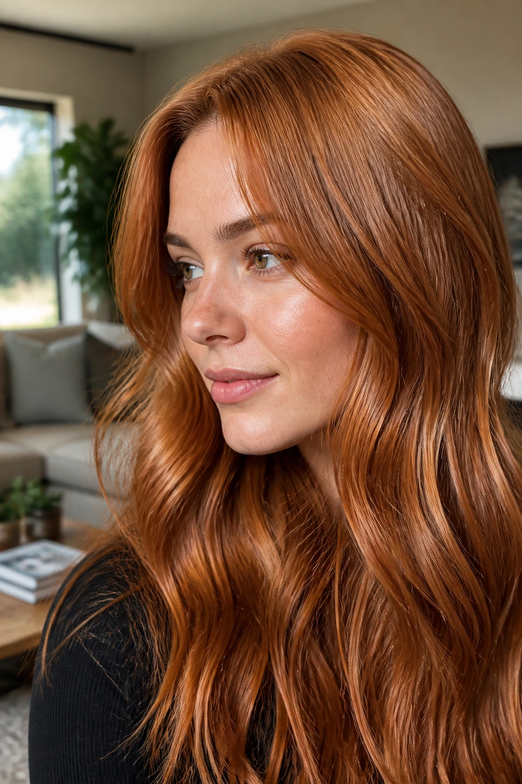 Close-up of a real person with burnished penny copper gloss on medium brown hair.