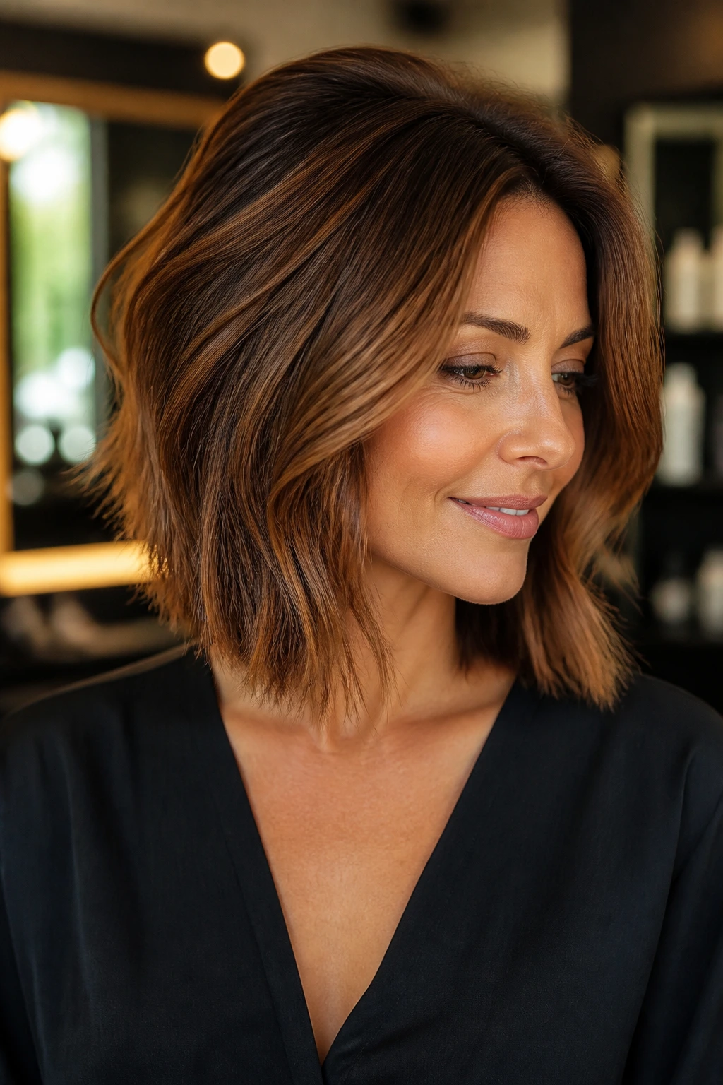 Close-up of a woman with burnt caramel lob and crown volume