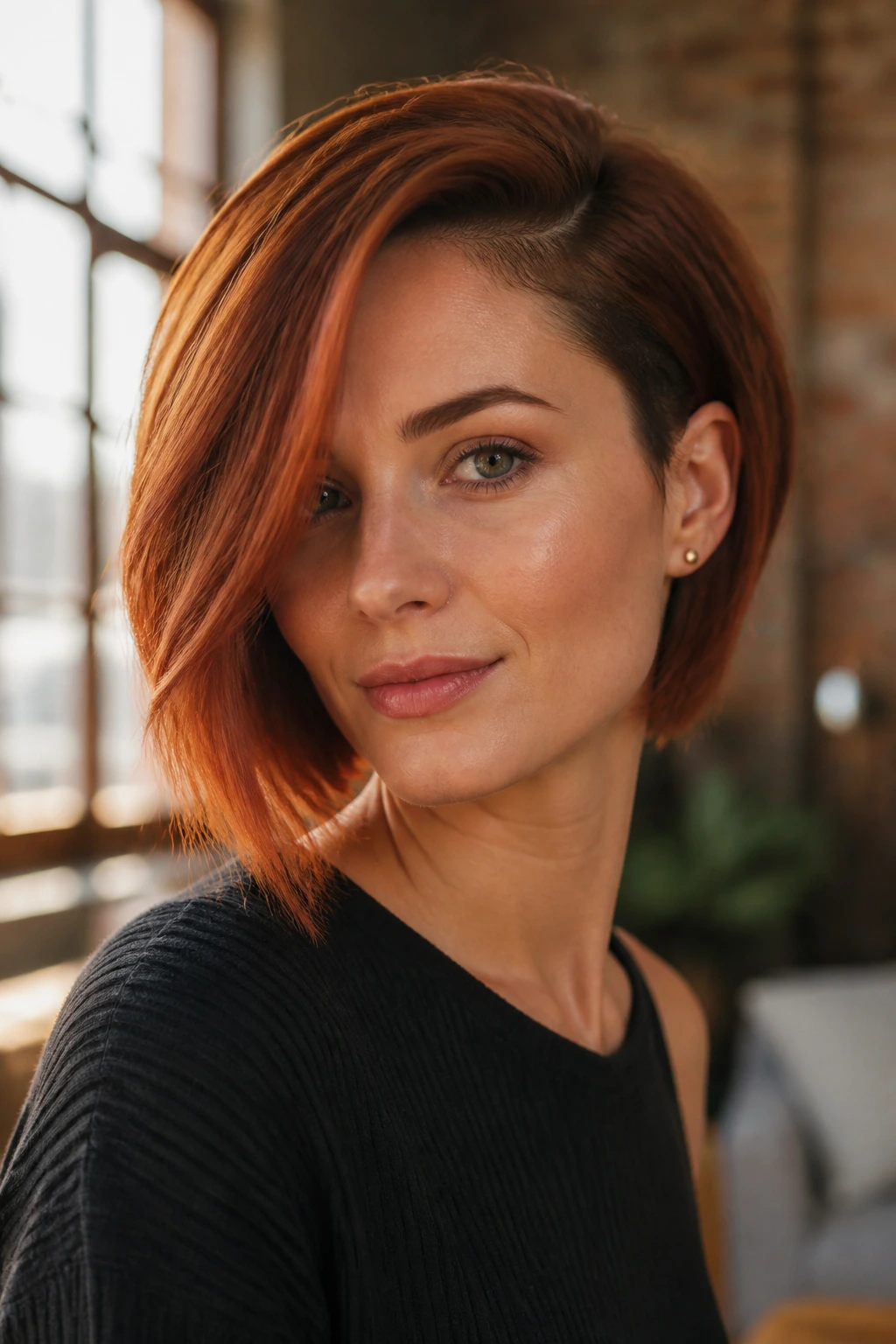 Close-up of a real woman with burnt copper asymmetrical bob and gradient red-brown tones.