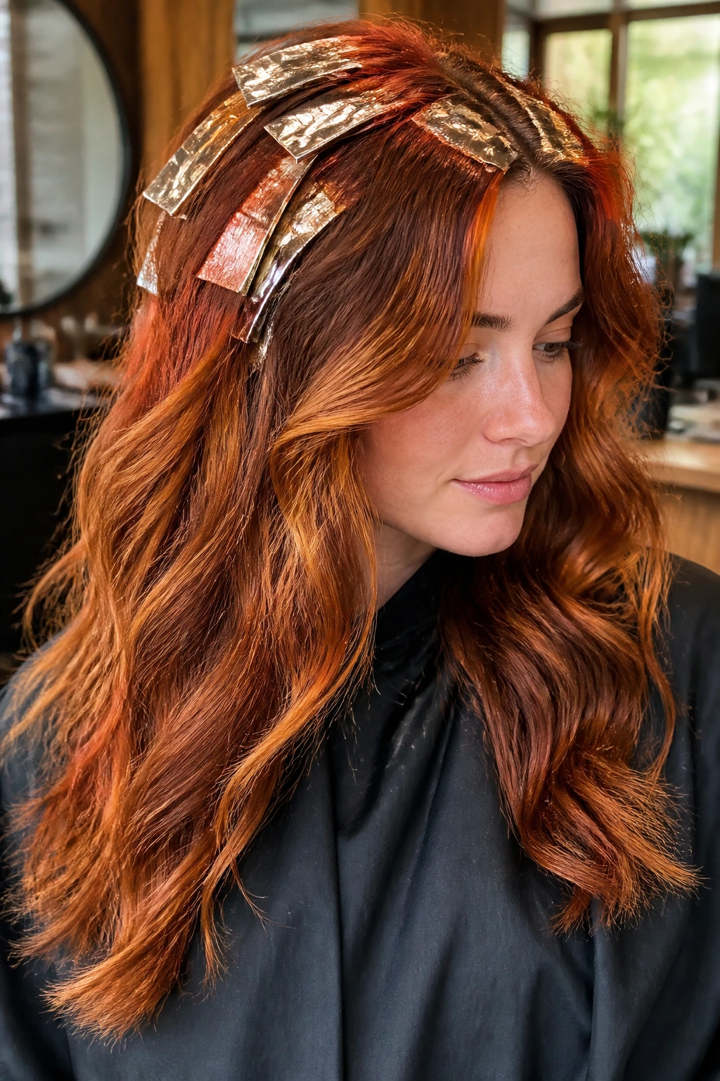 Real woman with burnt copper foilayage on long wavy hair