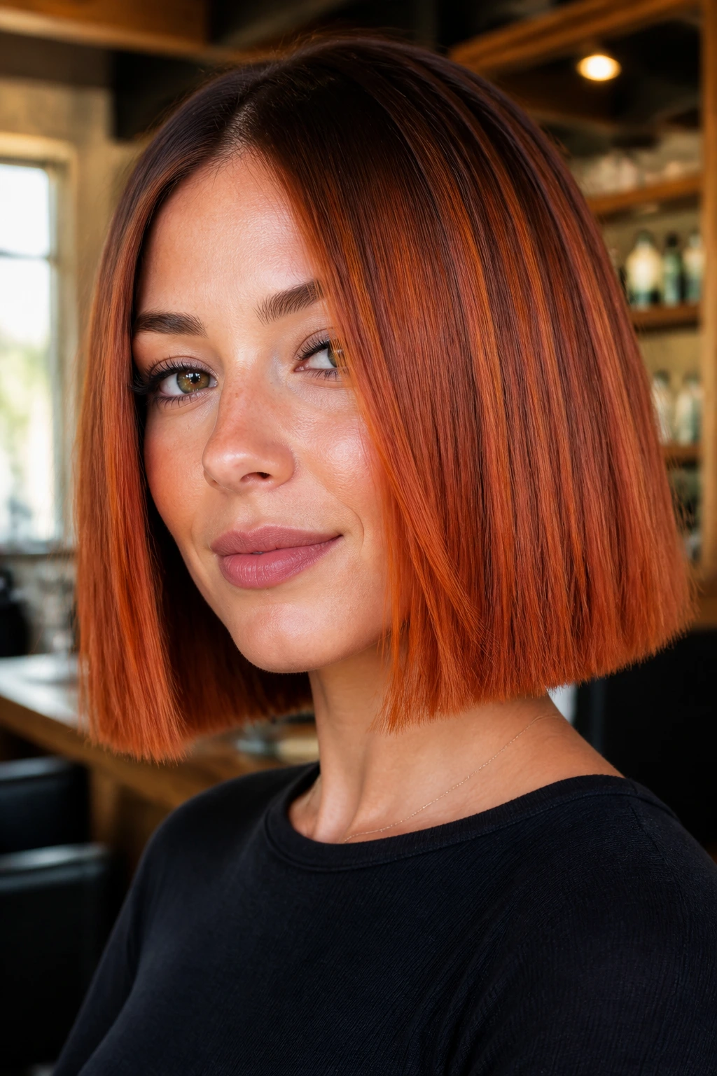 Close-up of a real woman with burnt copper blunt cut hair, warm root depth and bright ends