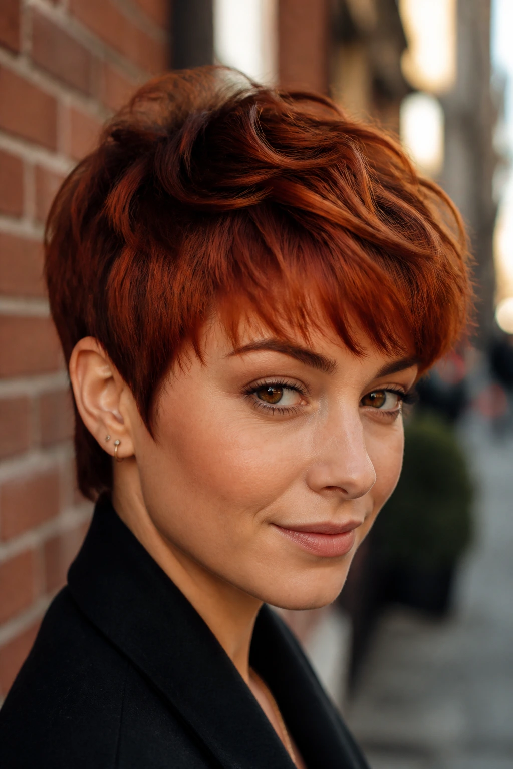 Close-up of burnt copper pixie on real person with dark roots
