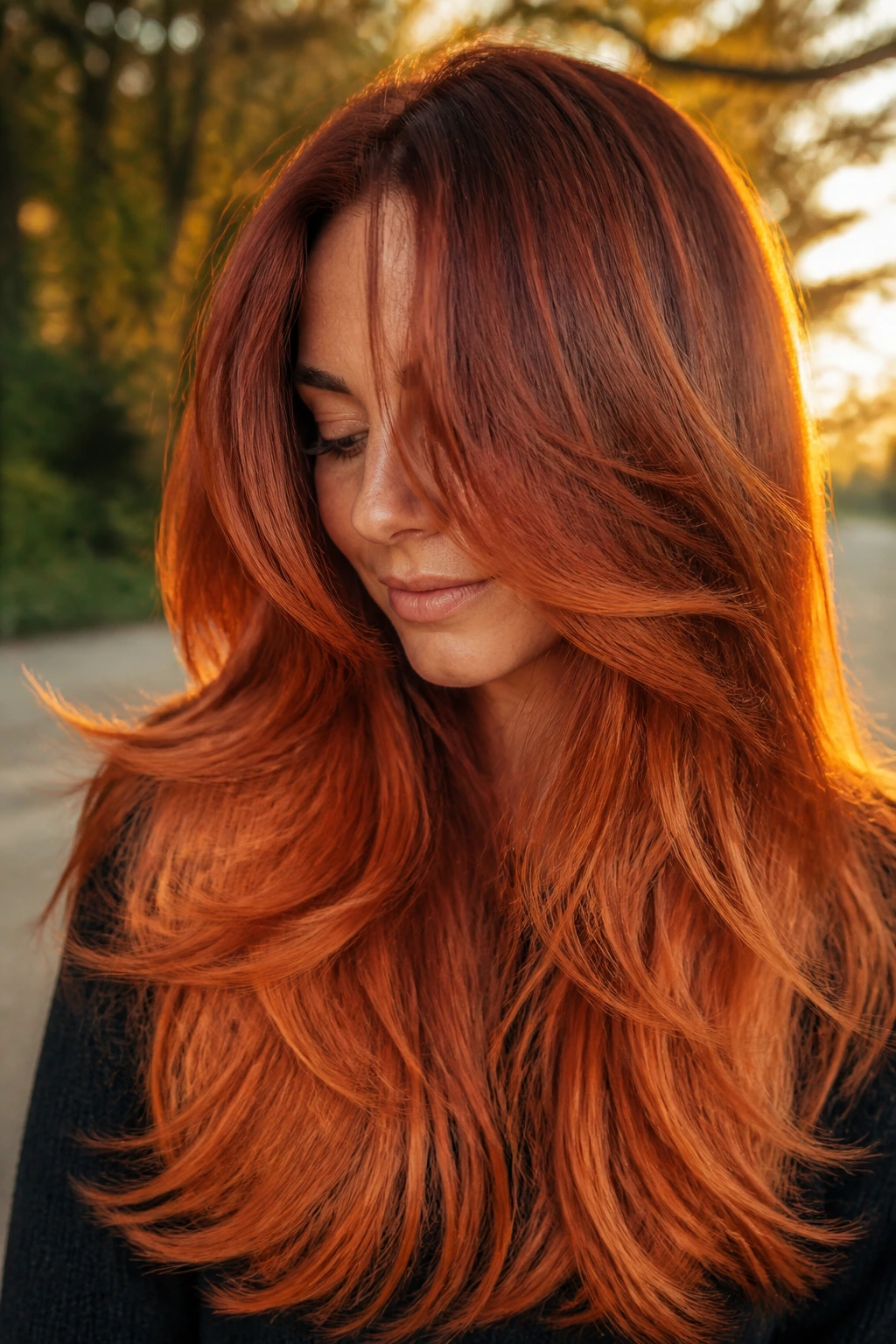 Close-up of burnt ember layered hair with depth and warmth