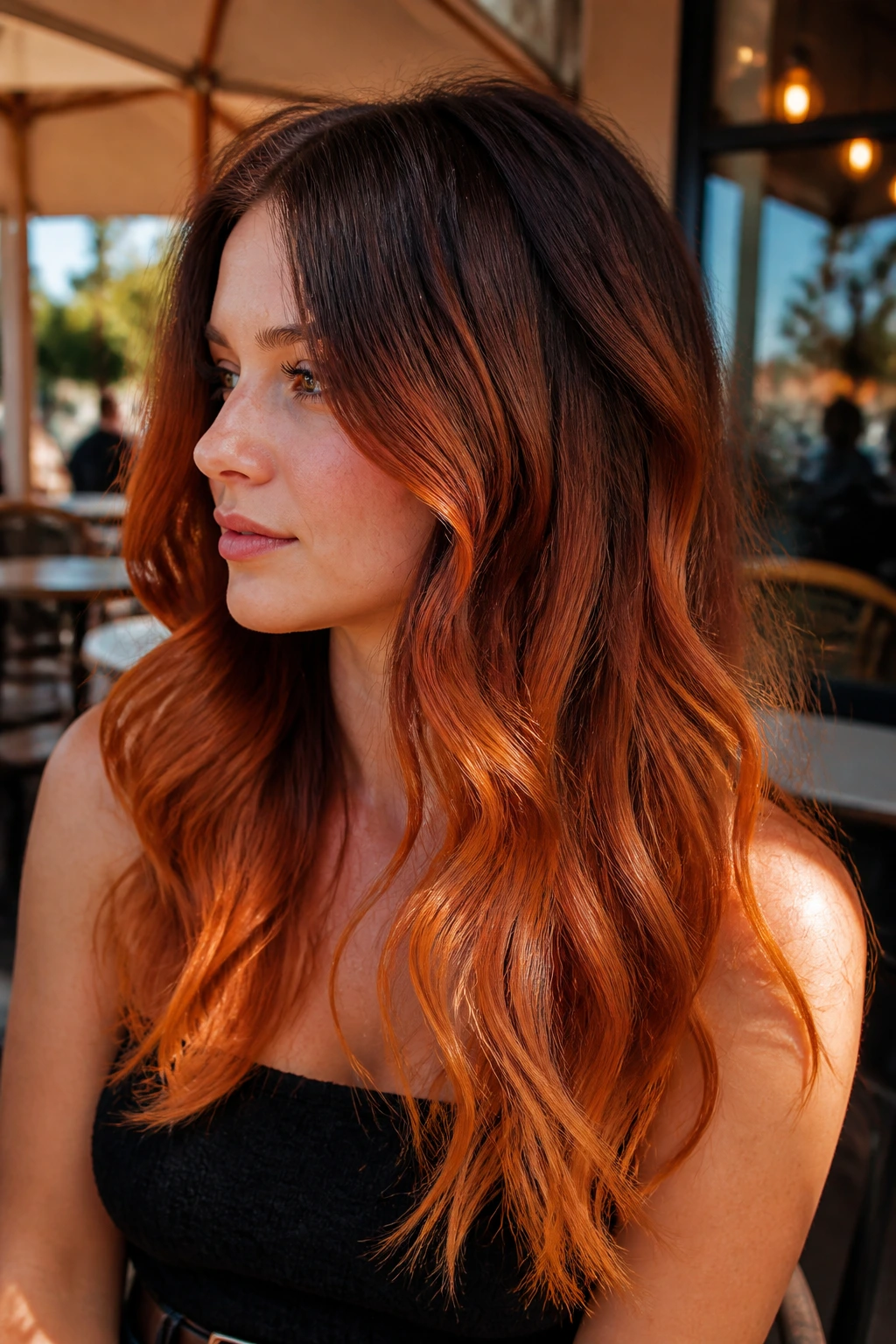 Portrait of a woman with burnt orange balayage and root depth.
