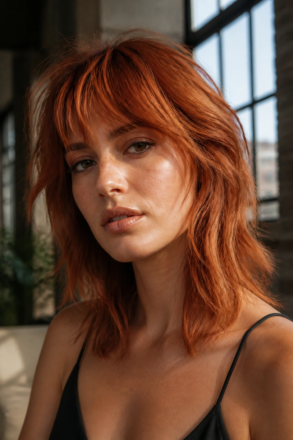 Real person with burnt orange copper shag hairstyle.