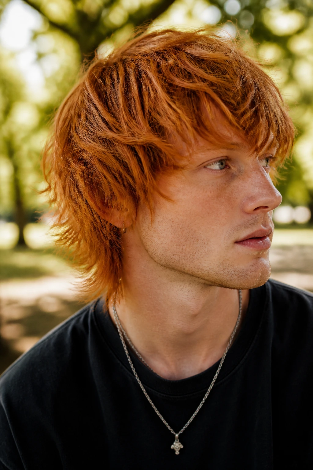 Close-up of man with burnt orange shag hairstyle