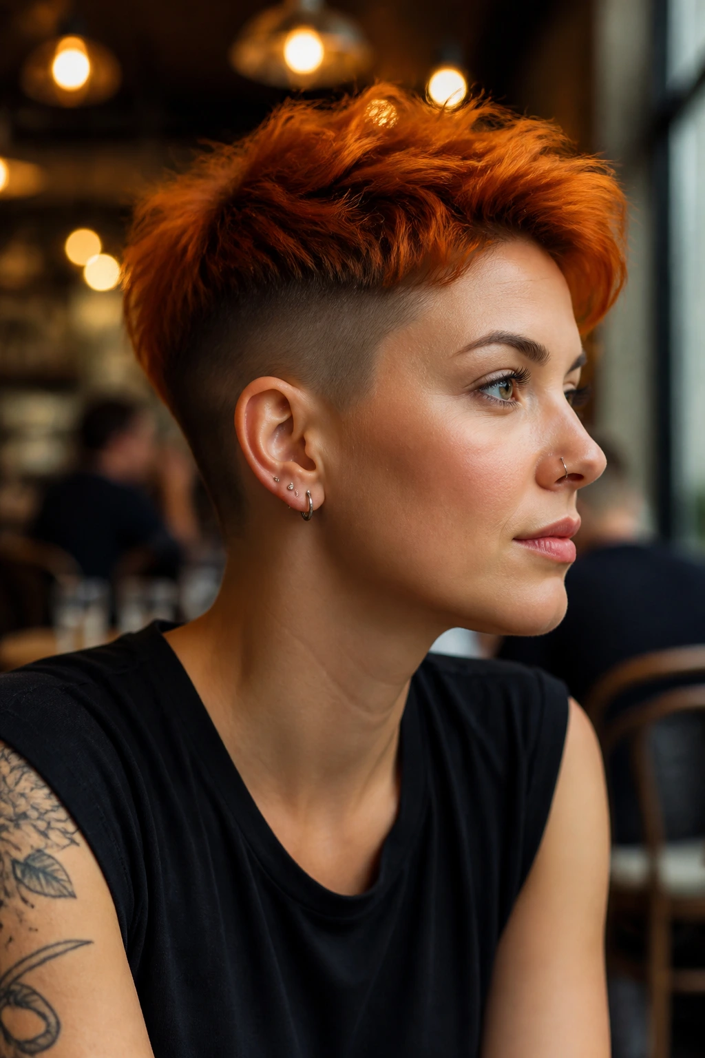 Real woman with burnt orange hair on top and undercut sides in a warm cafe setting