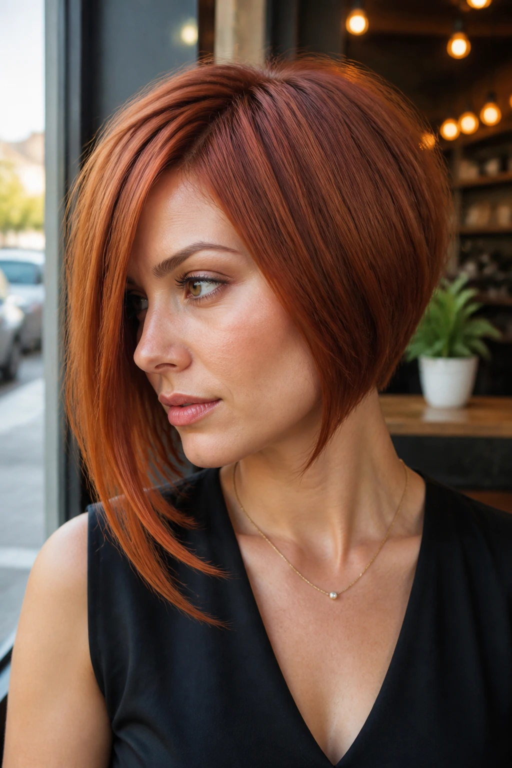 Real person with burnt sienna asymmetrical bob in cafe light