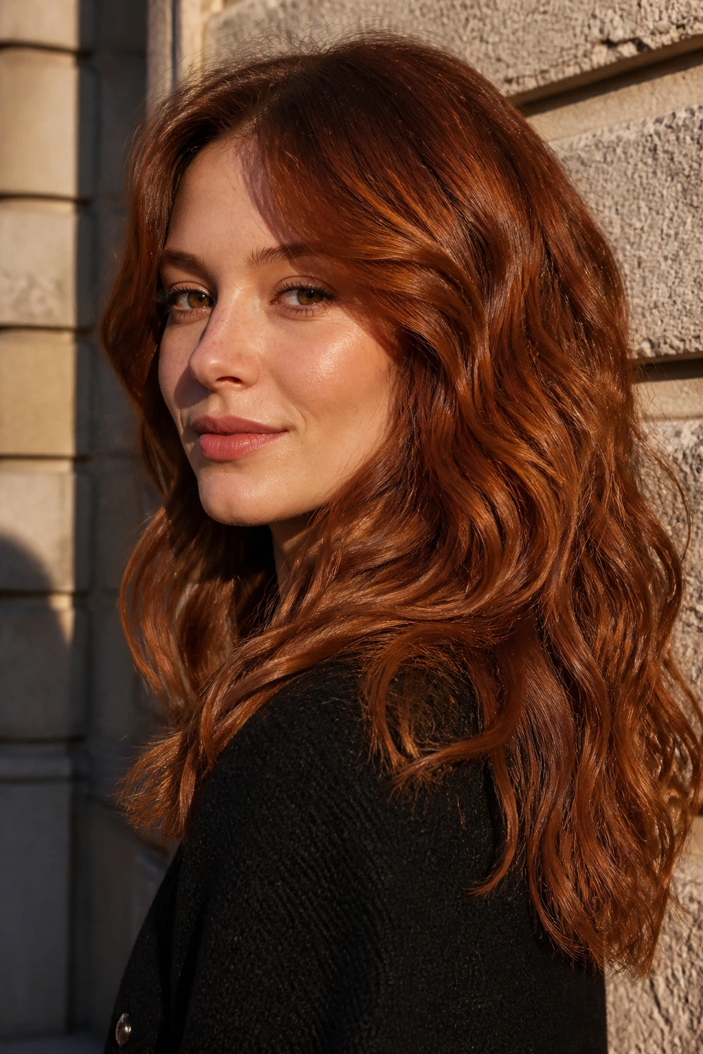 Real woman with burnt sienna copper hair in wavy style outdoors